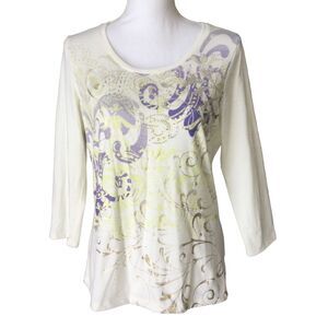 Zenergy By Chico's Size 0 Women's Multicolor 3/4 Sleeve Top Embellished Tee